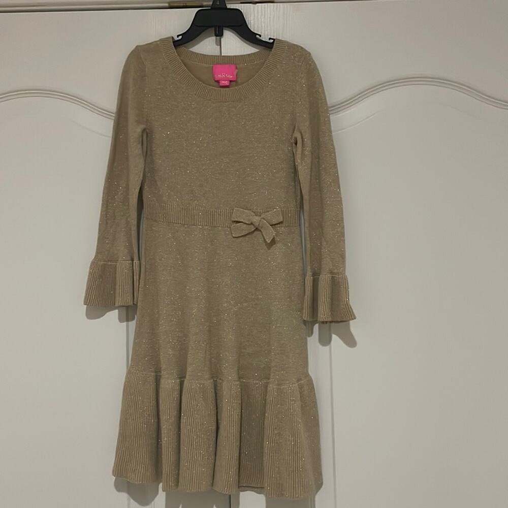 Lilly Pulitzer M golden knit dress ruffled hemline arm ends in euc bow at waist